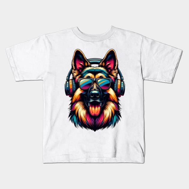 German Shepherd Dog Smiling DJ with Lively Tunes Kids T-Shirt by ArtRUs